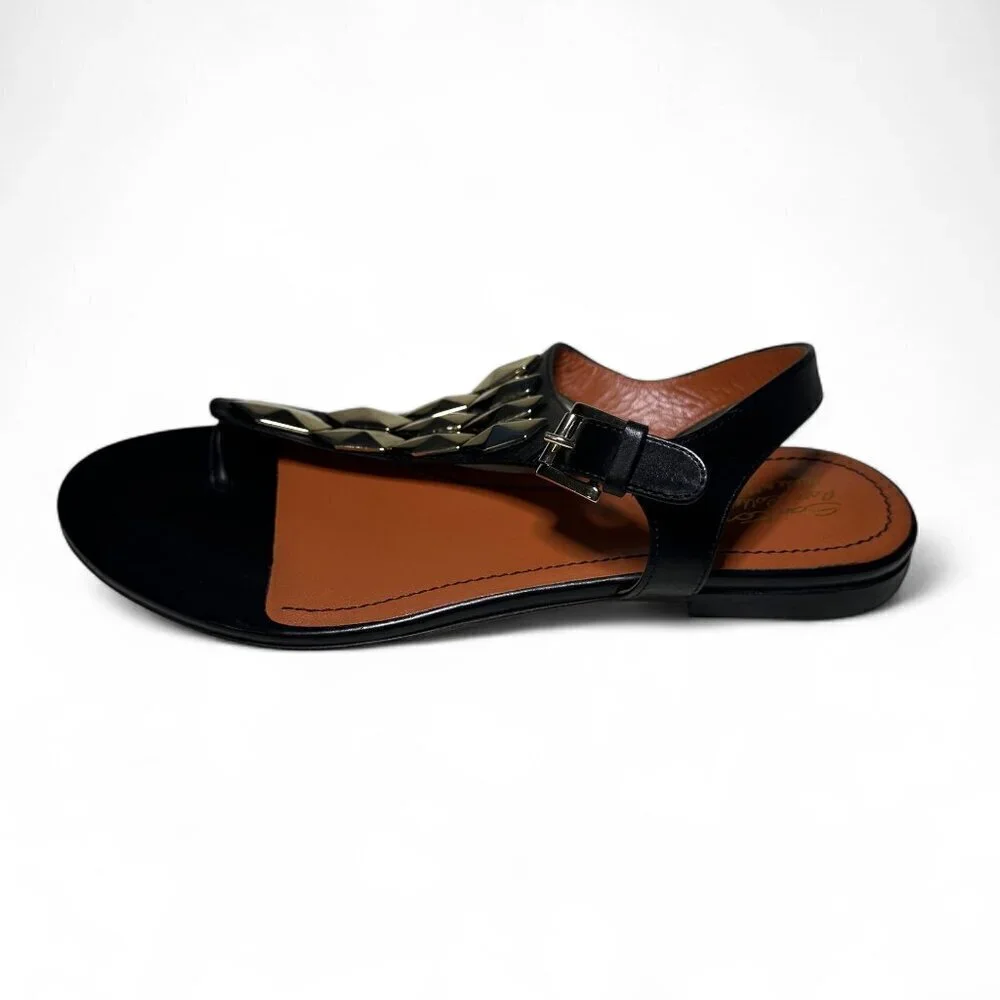 Santoni Women's Toe Strap Sandals In Black w Gold Accents sz EU 37.5 NWOB